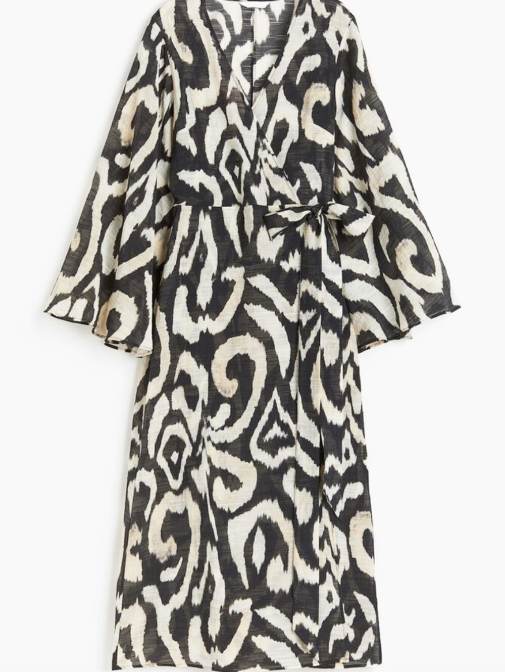 H&M Wrap Midi Dress in Black and Cream Abstract Print